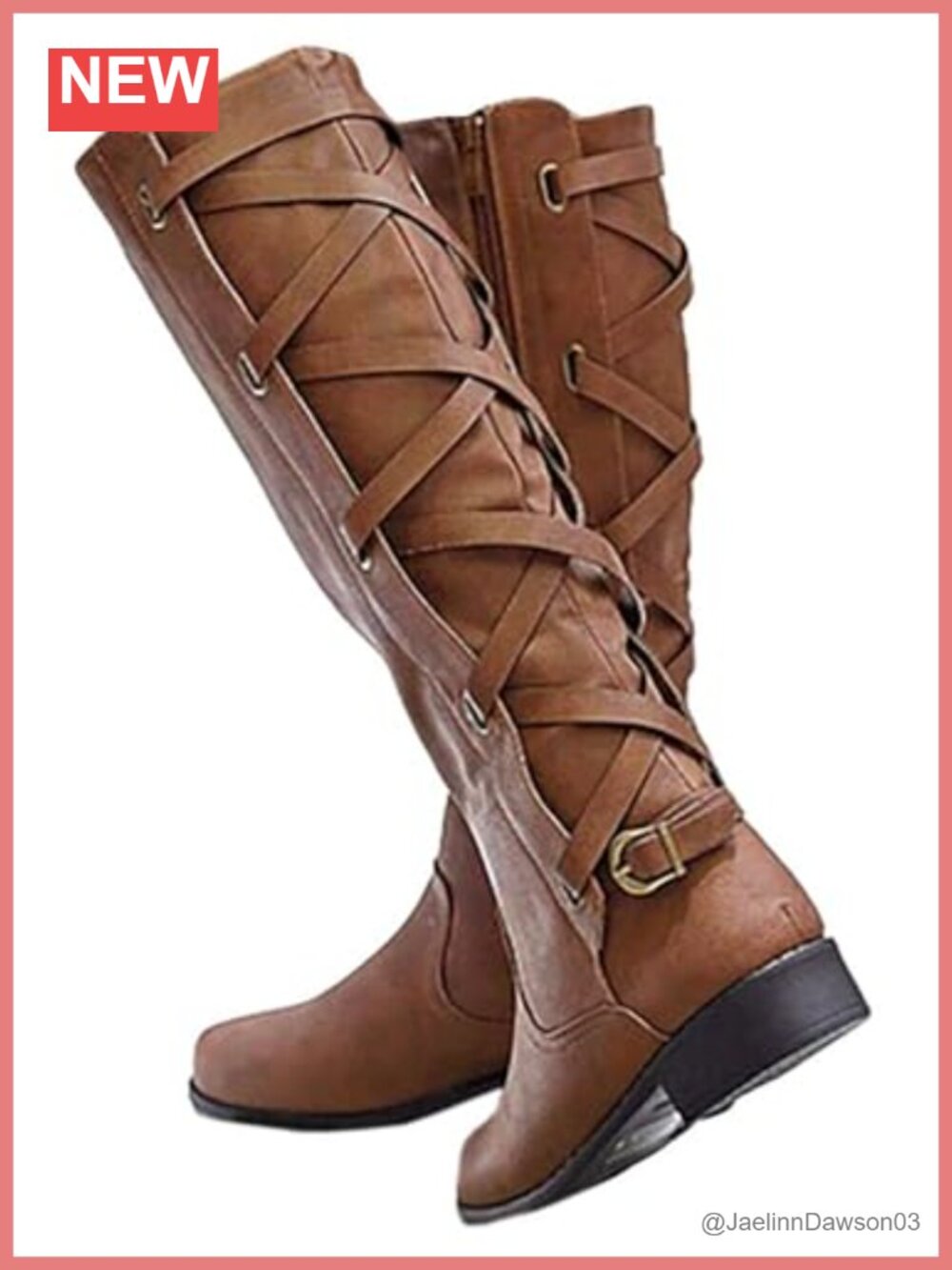 Faux Leather Motorcycle Knee High Boots Buckle Strappy Low Heel Winter